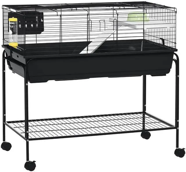 Main image of PawHut Two-Story Small Animal Cage Shelf & Wheels 39" x 20.5" x 36.5" Black | Removable Stand, Guinea Pig Cage, Pet Habitat for Hedgehog, Chinchilla, Ferret