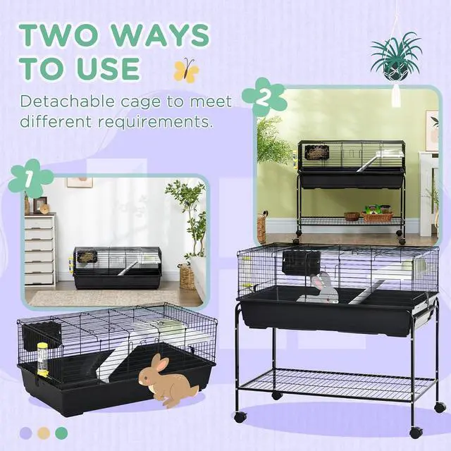 Alt view image 3 of 7 - PawHut Two-Story Small Animal Cage Shelf & Wheels 39" x 20.5" x 36.5" Black | Removable Stand, Guinea Pig Cage, Pet Habitat for Hedgehog, Chinchilla, Ferret