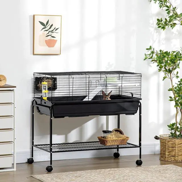 Alt view image 2 of 7 - PawHut Two-Story Small Animal Cage Shelf & Wheels 39" x 20.5" x 36.5" Black | Removable Stand, Guinea Pig Cage, Pet Habitat for Hedgehog, Chinchilla, Ferret