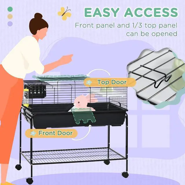 Alt view image 5 of 7 - PawHut Two-Story Small Animal Cage Shelf & Wheels 39" x 20.5" x 36.5" Black | Removable Stand, Guinea Pig Cage, Pet Habitat for Hedgehog, Chinchilla, Ferret