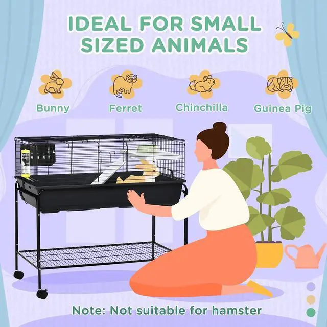 Alt view image 4 of 7 - PawHut Two-Story Small Animal Cage Shelf & Wheels 39" x 20.5" x 36.5" Black | Removable Stand, Guinea Pig Cage, Pet Habitat for Hedgehog, Chinchilla, Ferret