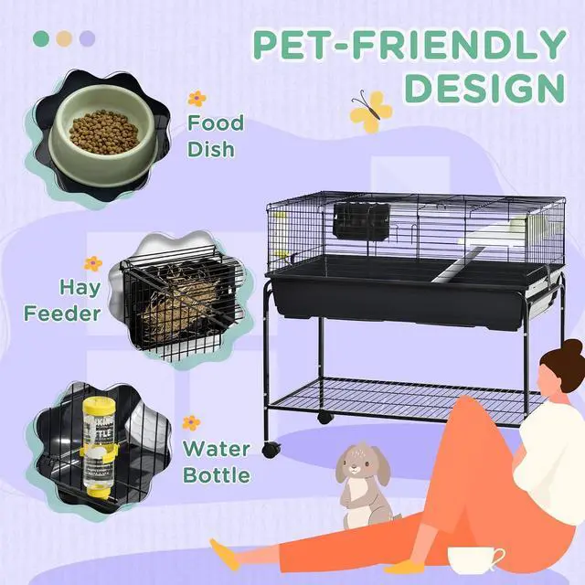 Alt view image 6 of 7 - PawHut Two-Story Small Animal Cage Shelf & Wheels 39" x 20.5" x 36.5" Black | Removable Stand, Guinea Pig Cage, Pet Habitat for Hedgehog, Chinchilla, Ferret