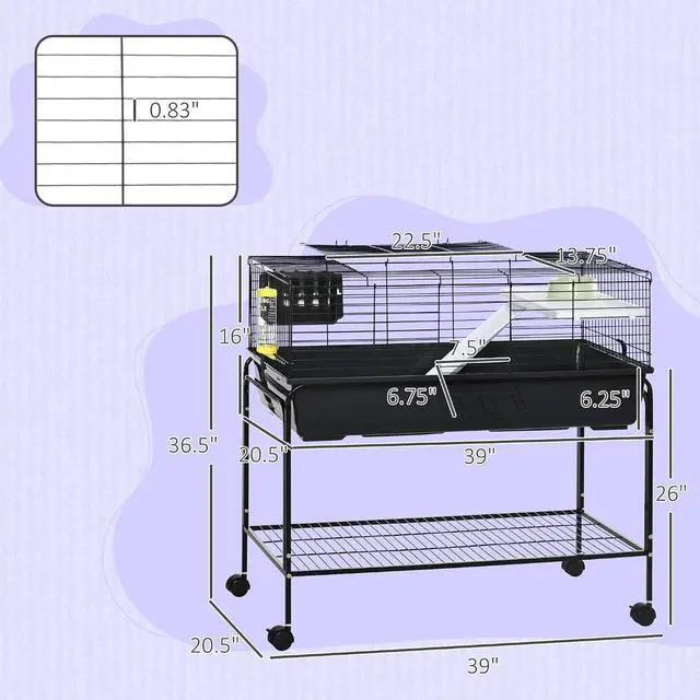 Alt view image 7 of 7 - PawHut Two-Story Small Animal Cage Shelf & Wheels 39" x 20.5" x 36.5" Black | Removable Stand, Guinea Pig Cage, Pet Habitat for Hedgehog, Chinchilla, Ferret