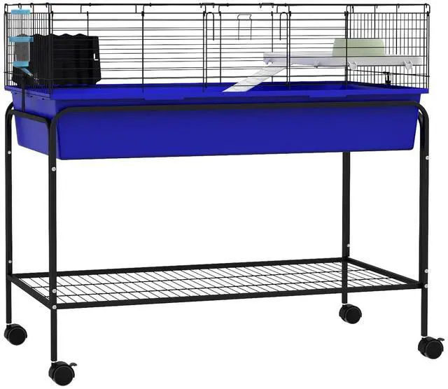 Main image of PawHut Two-Story Small Animal Cage Shelf & Wheels 39" x 20.5" x 36.5" Blue | Removable from Stand, Guinea Pig Cage, Pet Habitat for Hedgehog, Chinchilla, Ferret