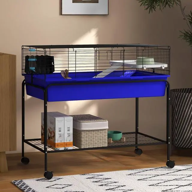Alt view image 2 of 7 - PawHut Two-Story Small Animal Cage Shelf & Wheels 39" x 20.5" x 36.5" Blue | Removable from Stand, Guinea Pig Cage, Pet Habitat for Hedgehog, Chinchilla, Ferret