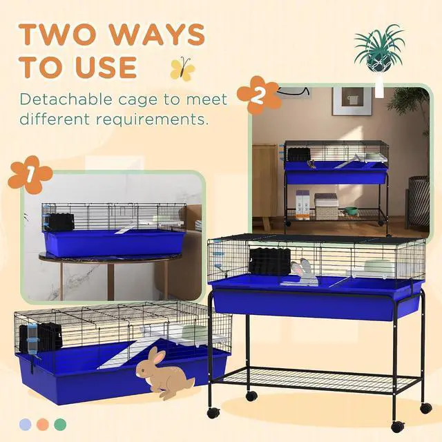 Alt view image 3 of 7 - PawHut Two-Story Small Animal Cage Shelf & Wheels 39" x 20.5" x 36.5" Blue | Removable from Stand, Guinea Pig Cage, Pet Habitat for Hedgehog, Chinchilla, Ferret