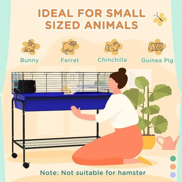 Alt view image 4 of 7 - PawHut Two-Story Small Animal Cage Shelf & Wheels 39" x 20.5" x 36.5" Blue | Removable from Stand, Guinea Pig Cage, Pet Habitat for Hedgehog, Chinchilla, Ferret