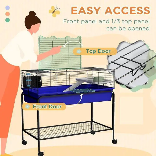 Alt view image 5 of 7 - PawHut Two-Story Small Animal Cage Shelf & Wheels 39" x 20.5" x 36.5" Blue | Removable from Stand, Guinea Pig Cage, Pet Habitat for Hedgehog, Chinchilla, Ferret