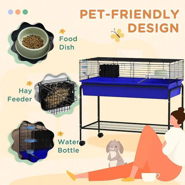 Alt view image 6 of 7 - PawHut Two-Story Small Animal Cage Shelf & Wheels 39" x 20.5" x 36.5" Blue | Removable from Stand, Guinea Pig Cage, Pet Habitat for Hedgehog, Chinchilla, Ferret