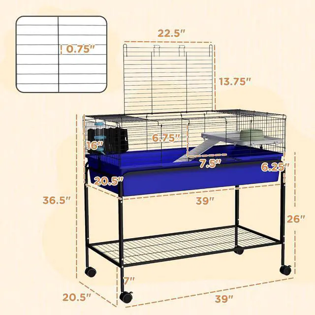 Alt view image 7 of 7 - PawHut Two-Story Small Animal Cage Shelf & Wheels 39" x 20.5" x 36.5" Blue | Removable from Stand, Guinea Pig Cage, Pet Habitat for Hedgehog, Chinchilla, Ferret