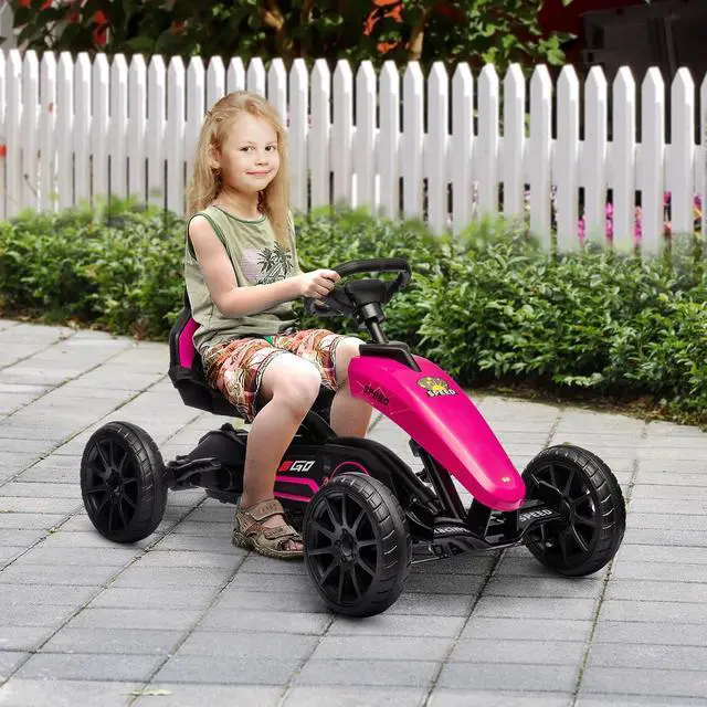 Alt view image 2 of 7 - Kids Pedal Go Kart with Swing Axle Adjustable Seat for Ages 3-8 Pink | Outdoor Ride on Toys, Handbrake, 4 Shock-Absorbing Wheels, Gift for Boys and Girls