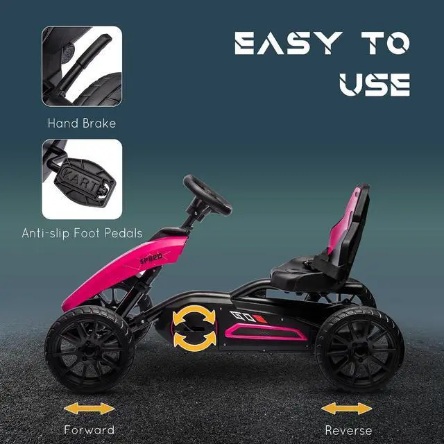 Alt view image 4 of 7 - Kids Pedal Go Kart with Swing Axle Adjustable Seat for Ages 3-8 Pink | Outdoor Ride on Toys, Handbrake, 4 Shock-Absorbing Wheels, Gift for Boys and Girls