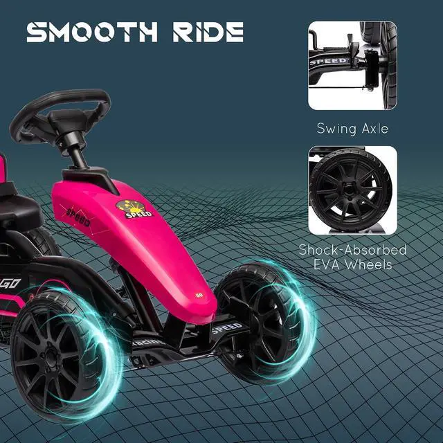 Alt view image 5 of 7 - Kids Pedal Go Kart with Swing Axle Adjustable Seat for Ages 3-8 Pink | Outdoor Ride on Toys, Handbrake, 4 Shock-Absorbing Wheels, Gift for Boys and Girls