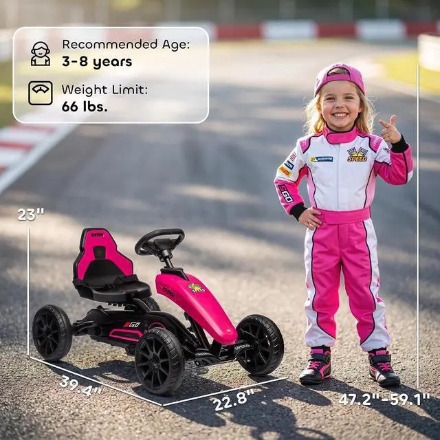 Alt view image 7 of 7 - Kids Pedal Go Kart with Swing Axle Adjustable Seat for Ages 3-8 Pink | Outdoor Ride on Toys, Handbrake, 4 Shock-Absorbing Wheels, Gift for Boys and Girls