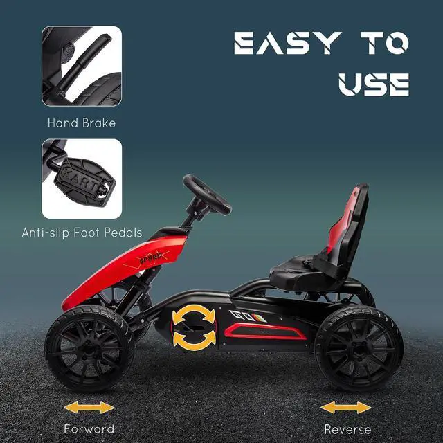 Alt view image 4 of 7 - Kids Pedal Go Kart with Swing Axle Adjustable Seat for Ages 3-8 Red | Outdoor Ride on Toys, Handbrake, 4 Shock-Absorbing Wheels, Gift for Boys and Girls