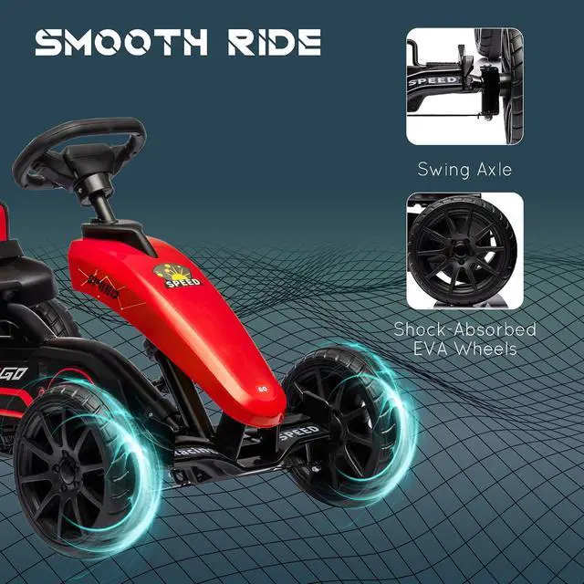 Alt view image 5 of 7 - Kids Pedal Go Kart with Swing Axle Adjustable Seat for Ages 3-8 Red | Outdoor Ride on Toys, Handbrake, 4 Shock-Absorbing Wheels, Gift for Boys and Girls