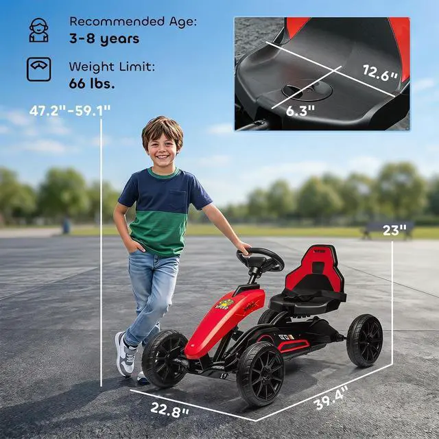 Alt view image 7 of 7 - Kids Pedal Go Kart with Swing Axle Adjustable Seat for Ages 3-8 Red | Outdoor Ride on Toys, Handbrake, 4 Shock-Absorbing Wheels, Gift for Boys and Girls