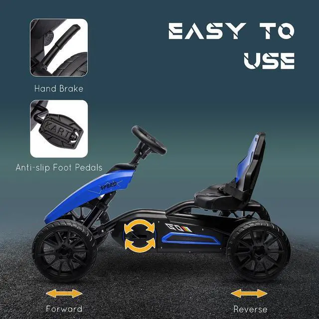Alt view image 4 of 7 - Kids Pedal Go Kart with Swing Axle Adjustable Seat for Ages 3-8 Blue | Outdoor Ride on Toys, Handbrake, 4 Shock-Absorbing Wheels, Gift for Boys and Girls