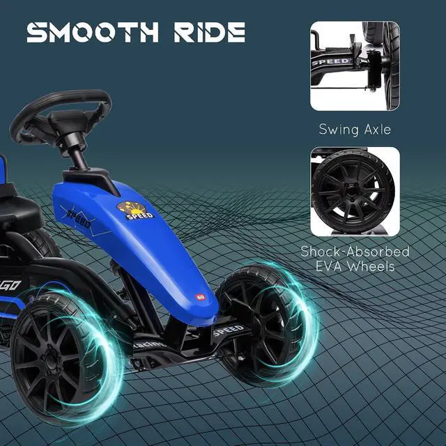 Alt view image 5 of 7 - Kids Pedal Go Kart with Swing Axle Adjustable Seat for Ages 3-8 Blue | Outdoor Ride on Toys, Handbrake, 4 Shock-Absorbing Wheels, Gift for Boys and Girls