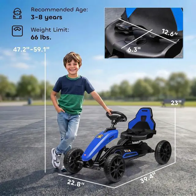 Alt view image 7 of 7 - Kids Pedal Go Kart with Swing Axle Adjustable Seat for Ages 3-8 Blue | Outdoor Ride on Toys, Handbrake, 4 Shock-Absorbing Wheels, Gift for Boys and Girls