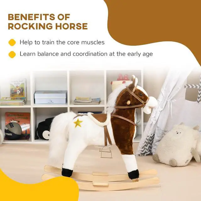 Alt view image 5 of 7 - Qaba Rocking Horse with Sound Ride on Horse Gift for 3-8 Year Old Brown | with Saddle, Toddler Rocker
