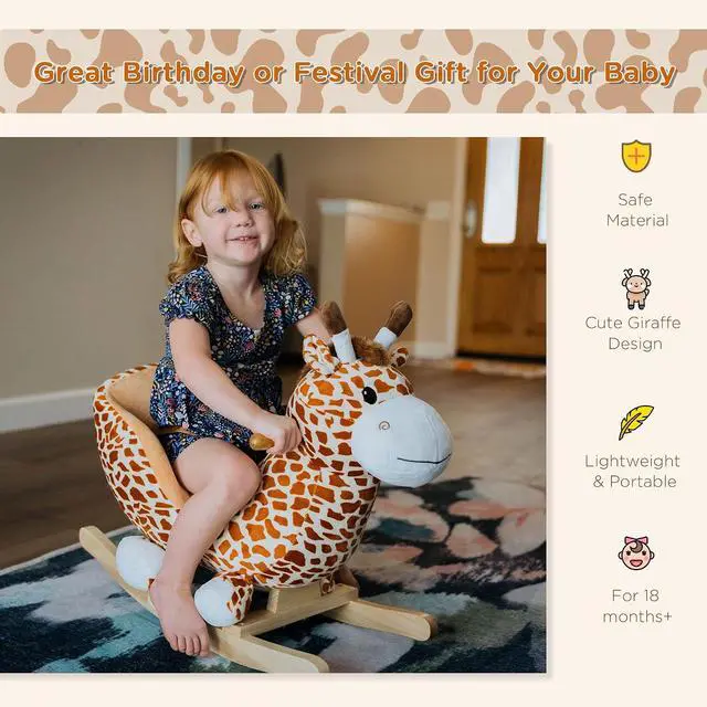 Alt view image 3 of 7 - Qaba Kids Plush Ride-On Rocking Horse Toy with Song for 18-36 Months Brown | Giraffe Rocking Horse Style