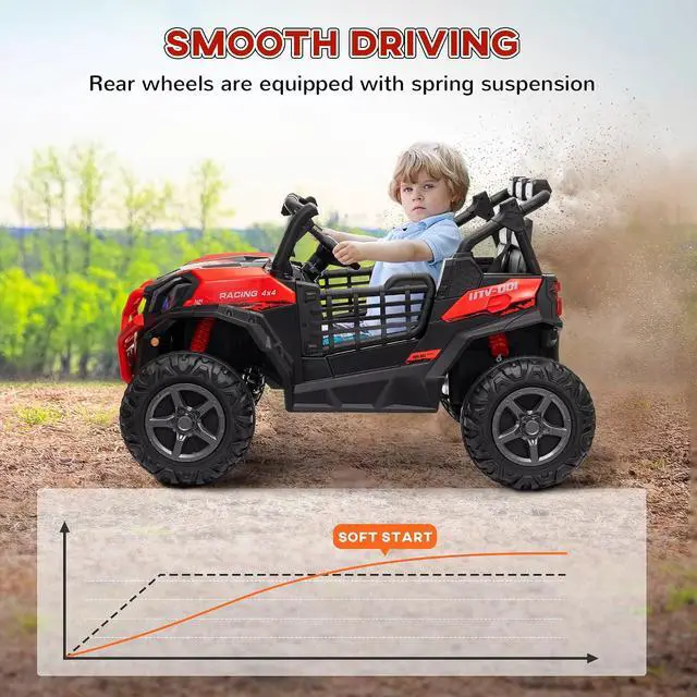 Alt view image 5 of 7 - Qaba 24V 2 Seater Ride on Car Electric Off-Road UTV Truck Ages 3-8 Red | Parent Remote Control, Music, Lights, Ride on Toy for Kids
