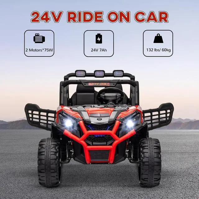 Alt view image 3 of 7 - Qaba 24V 2 Seater Ride on Car Electric Off-Road UTV Truck Ages 3-8 Red | Parent Remote Control, Music, Lights, Ride on Toy for Kids