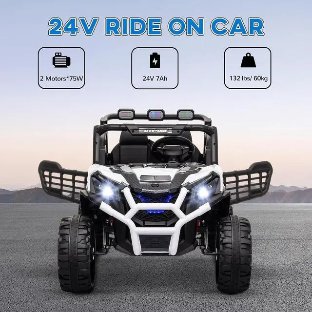 Alt view image 3 of 7 - Qaba 24V 2 Seater Ride on Car Electric Off-Road UTV Truck Ages 3-8 White | Parent Remote Control, Music, Lights, Ride on Toy for Kids