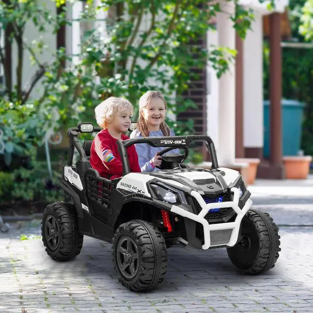 Alt view image 2 of 7 - Qaba 24V 2 Seater Ride on Car Electric Off-Road UTV Truck Ages 3-8 White | Parent Remote Control, Music, Lights, Ride on Toy for Kids