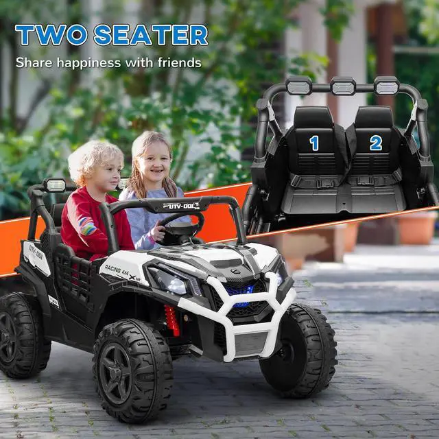 Alt view image 4 of 7 - Qaba 24V 2 Seater Ride on Car Electric Off-Road UTV Truck Ages 3-8 White | Parent Remote Control, Music, Lights, Ride on Toy for Kids