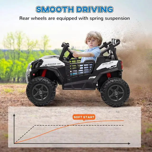 Alt view image 5 of 7 - Qaba 24V 2 Seater Ride on Car Electric Off-Road UTV Truck Ages 3-8 White | Parent Remote Control, Music, Lights, Ride on Toy for Kids