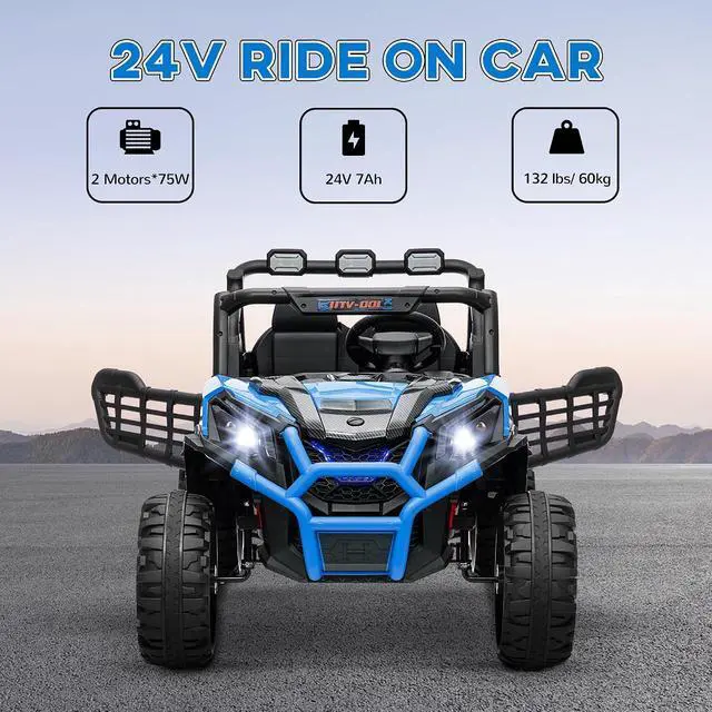 Alt view image 3 of 7 - Qaba 24V 2 Seater Ride on Car Electric Off-Road UTV Truck Ages 3-8 Blue | Parent Remote Control, Music, Lights, Ride on Toy for Kids