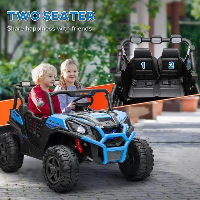 Alt view image 4 of 7 - Qaba 24V 2 Seater Ride on Car Electric Off-Road UTV Truck Ages 3-8 Blue | Parent Remote Control, Music, Lights, Ride on Toy for Kids
