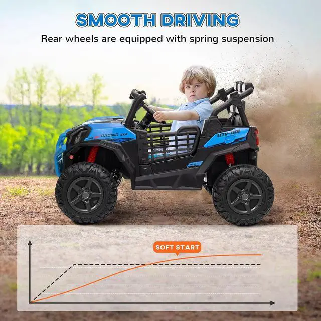 Alt view image 5 of 7 - Qaba 24V 2 Seater Ride on Car Electric Off-Road UTV Truck Ages 3-8 Blue | Parent Remote Control, Music, Lights, Ride on Toy for Kids