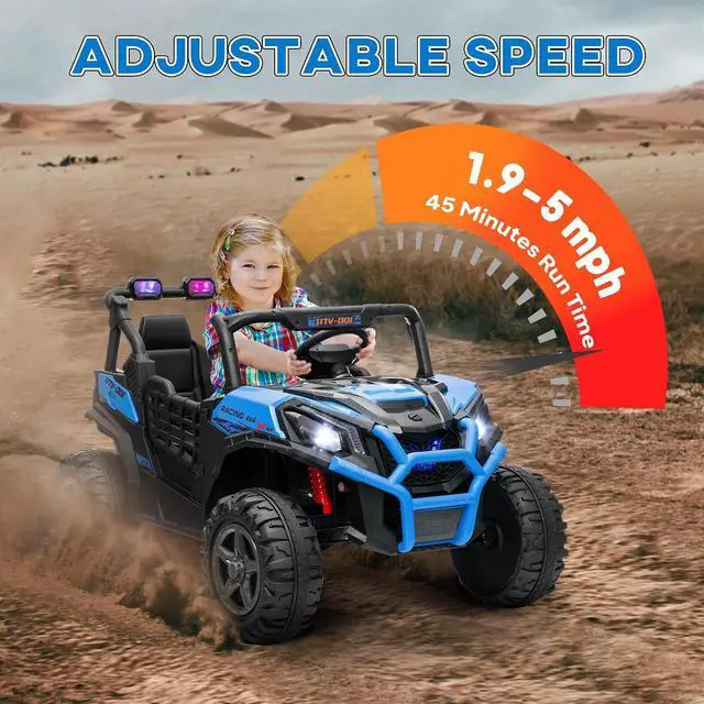 Alt view image 6 of 7 - Qaba 24V 2 Seater Ride on Car Electric Off-Road UTV Truck Ages 3-8 Blue | Parent Remote Control, Music, Lights, Ride on Toy for Kids