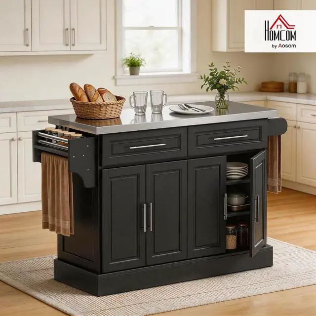 Alt view image 2 of 7 - Rolling Kitchen Island Cart with 47" Stainless Steel Top Black | Portable Island Table for Kitchen, Wheels, Adjustable Shelves, 2 Drawers, Spice Rack, Knife Rack, Towel Rack