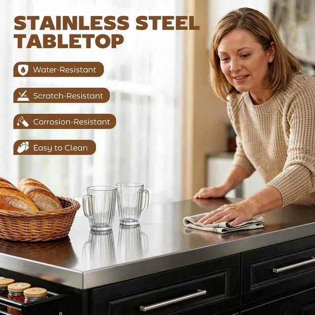 Alt view image 3 of 7 - Rolling Kitchen Island Cart with 47" Stainless Steel Top Black | Portable Island Table for Kitchen, Wheels, Adjustable Shelves, 2 Drawers, Spice Rack, Knife Rack, Towel Rack