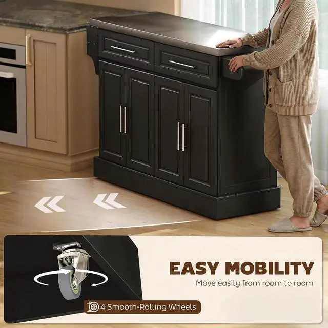 Alt view image 5 of 7 - Rolling Kitchen Island Cart with 47" Stainless Steel Top Black | Portable Island Table for Kitchen, Wheels, Adjustable Shelves, 2 Drawers, Spice Rack, Knife Rack, Towel Rack