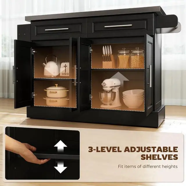 Alt view image 4 of 7 - Rolling Kitchen Island Cart with 47" Stainless Steel Top Black | Portable Island Table for Kitchen, Wheels, Adjustable Shelves, 2 Drawers, Spice Rack, Knife Rack, Towel Rack