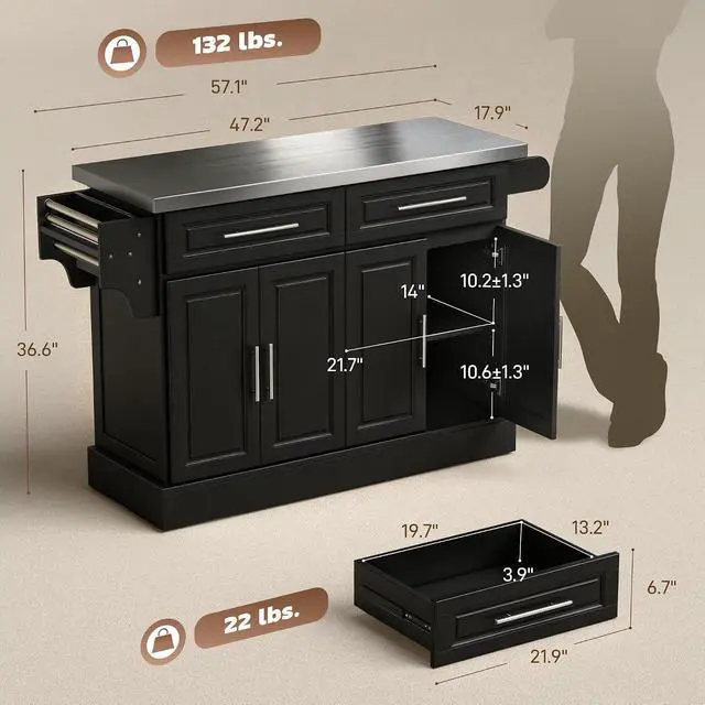 Alt view image 6 of 7 - Rolling Kitchen Island Cart with 47" Stainless Steel Top Black | Portable Island Table for Kitchen, Wheels, Adjustable Shelves, 2 Drawers, Spice Rack, Knife Rack, Towel Rack