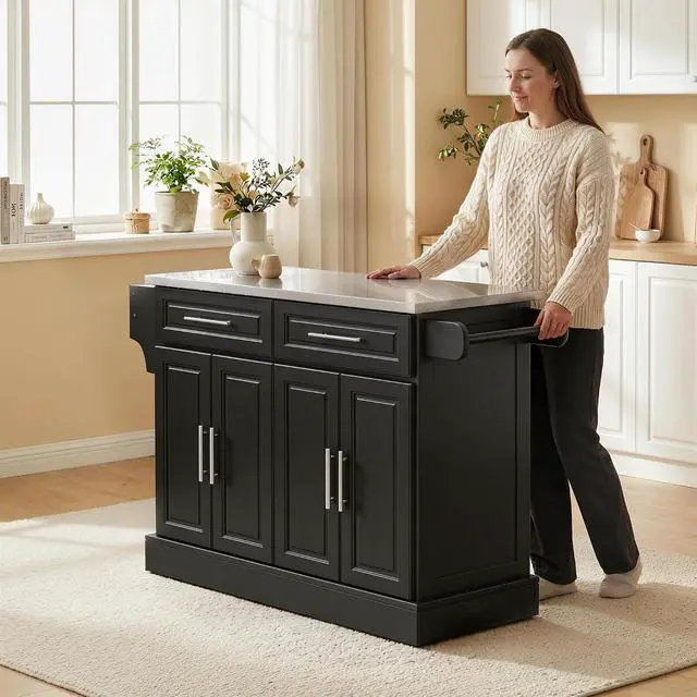 Alt view image 7 of 7 - Rolling Kitchen Island Cart with 47" Stainless Steel Top Black | Portable Island Table for Kitchen, Wheels, Adjustable Shelves, 2 Drawers, Spice Rack, Knife Rack, Towel Rack