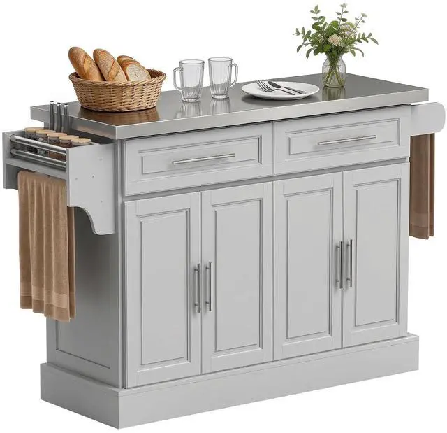 Main image of Rolling Kitchen Island Cart with 47" Stainless Steel Top Gray | Portable Island Table for Kitchen, Wheels, Adjustable Shelves, 2 Drawers, Spice Rack, Knife Rack, Towel Rack