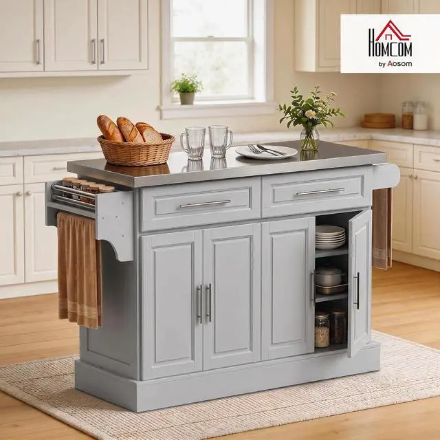 Alt view image 2 of 7 - Rolling Kitchen Island Cart with 47" Stainless Steel Top Gray | Portable Island Table for Kitchen, Wheels, Adjustable Shelves, 2 Drawers, Spice Rack, Knife Rack, Towel Rack