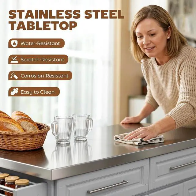 Alt view image 3 of 7 - Rolling Kitchen Island Cart with 47" Stainless Steel Top Gray | Portable Island Table for Kitchen, Wheels, Adjustable Shelves, 2 Drawers, Spice Rack, Knife Rack, Towel Rack