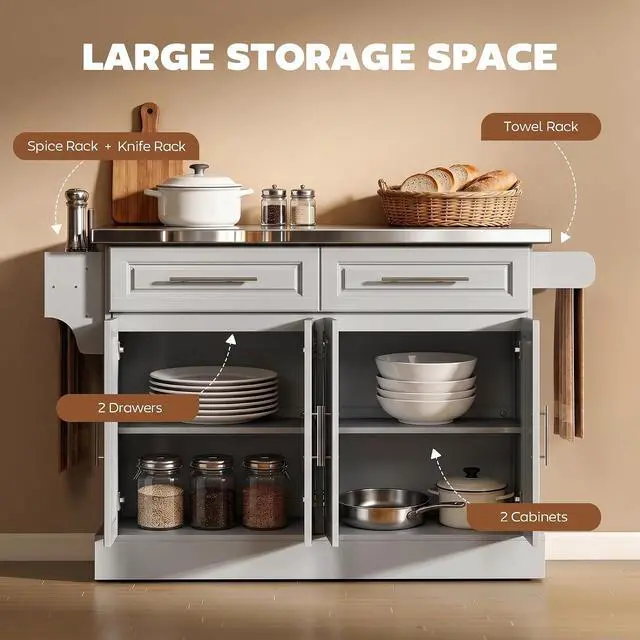 Alt view image 4 of 7 - Rolling Kitchen Island Cart with 47" Stainless Steel Top Gray | Portable Island Table for Kitchen, Wheels, Adjustable Shelves, 2 Drawers, Spice Rack, Knife Rack, Towel Rack