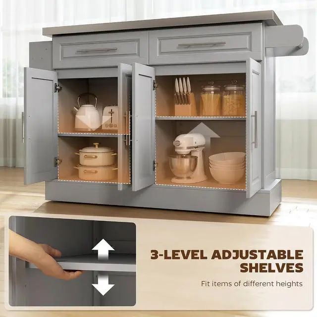 Alt view image 5 of 7 - Rolling Kitchen Island Cart with 47" Stainless Steel Top Gray | Portable Island Table for Kitchen, Wheels, Adjustable Shelves, 2 Drawers, Spice Rack, Knife Rack, Towel Rack