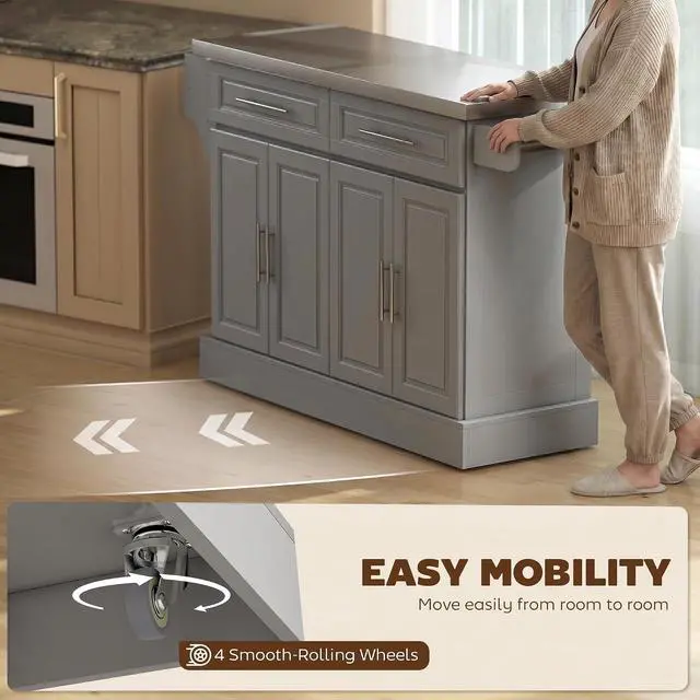 Alt view image 6 of 7 - Rolling Kitchen Island Cart with 47" Stainless Steel Top Gray | Portable Island Table for Kitchen, Wheels, Adjustable Shelves, 2 Drawers, Spice Rack, Knife Rack, Towel Rack