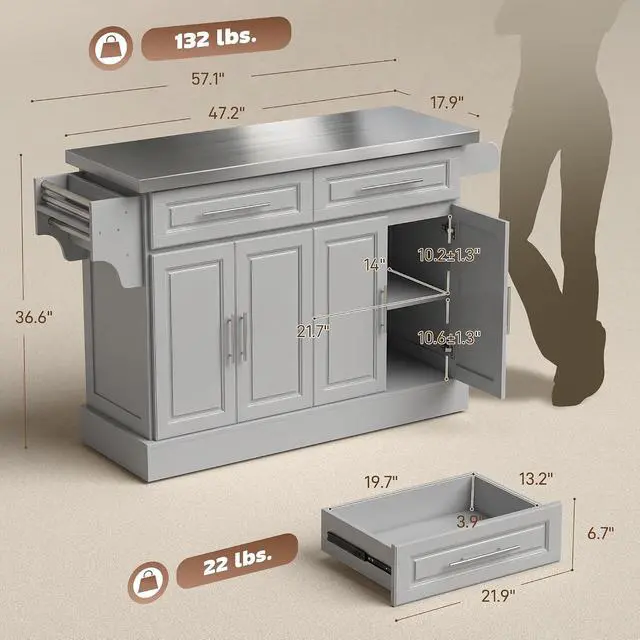 Alt view image 7 of 7 - Rolling Kitchen Island Cart with 47" Stainless Steel Top Gray | Portable Island Table for Kitchen, Wheels, Adjustable Shelves, 2 Drawers, Spice Rack, Knife Rack, Towel Rack