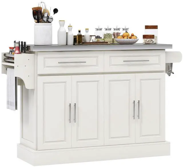 Main image of Rolling Kitchen Island Cart with 47" Stainless Steel Top Cream White | Portable Island Table for Kitchen, Wheels, Adjustable Shelves, 2 Drawers, Spice, Knife and Towel Rack